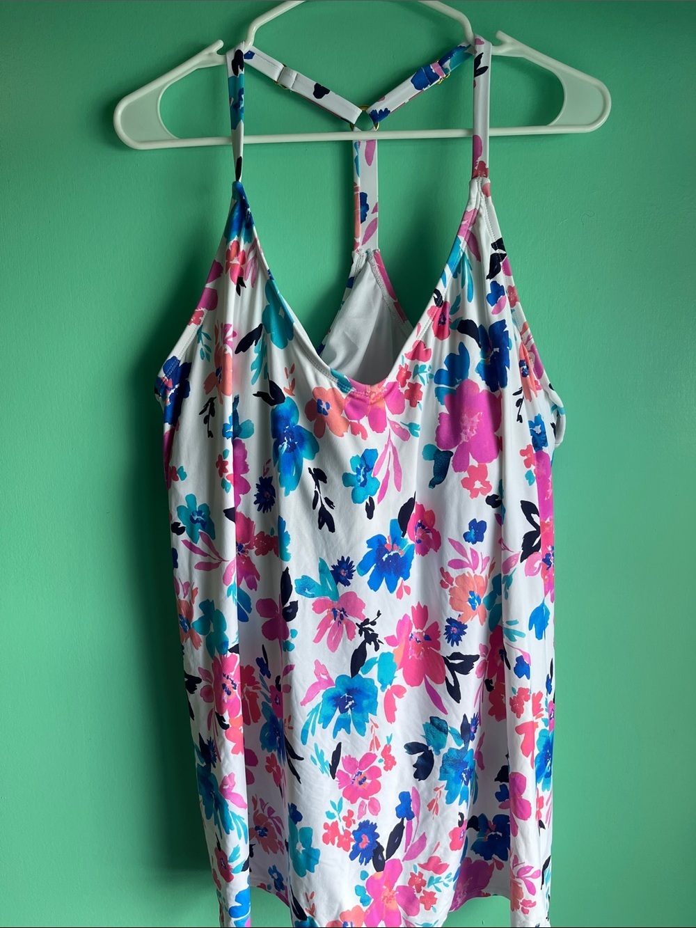 Floral Scoop-Neck One-Piece Swimsuit — Pink & Blue Floral Tankini Top